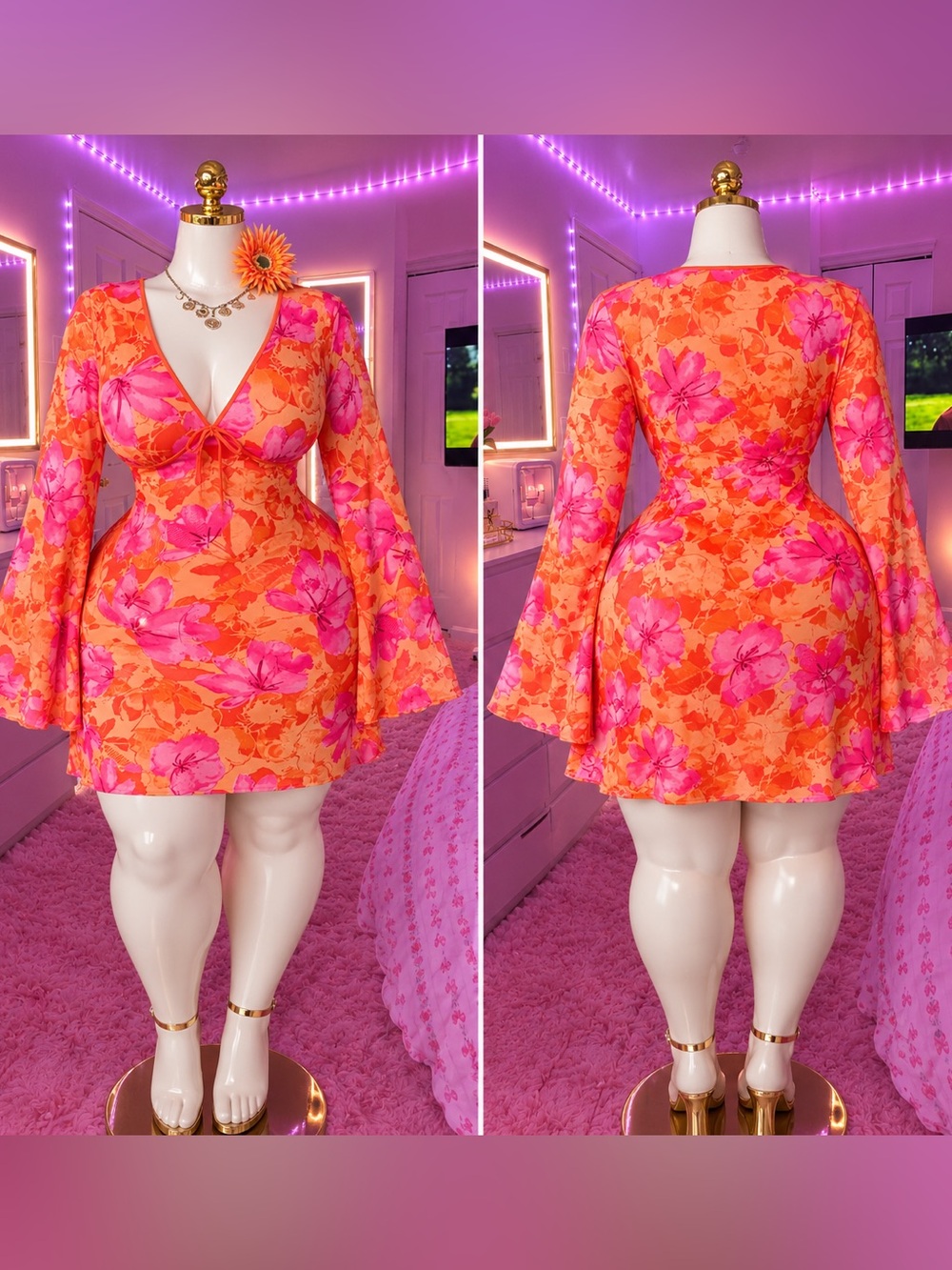 Orange & Pink Floral Mini Dress | Long Bell Sleeves | Y2K Summer